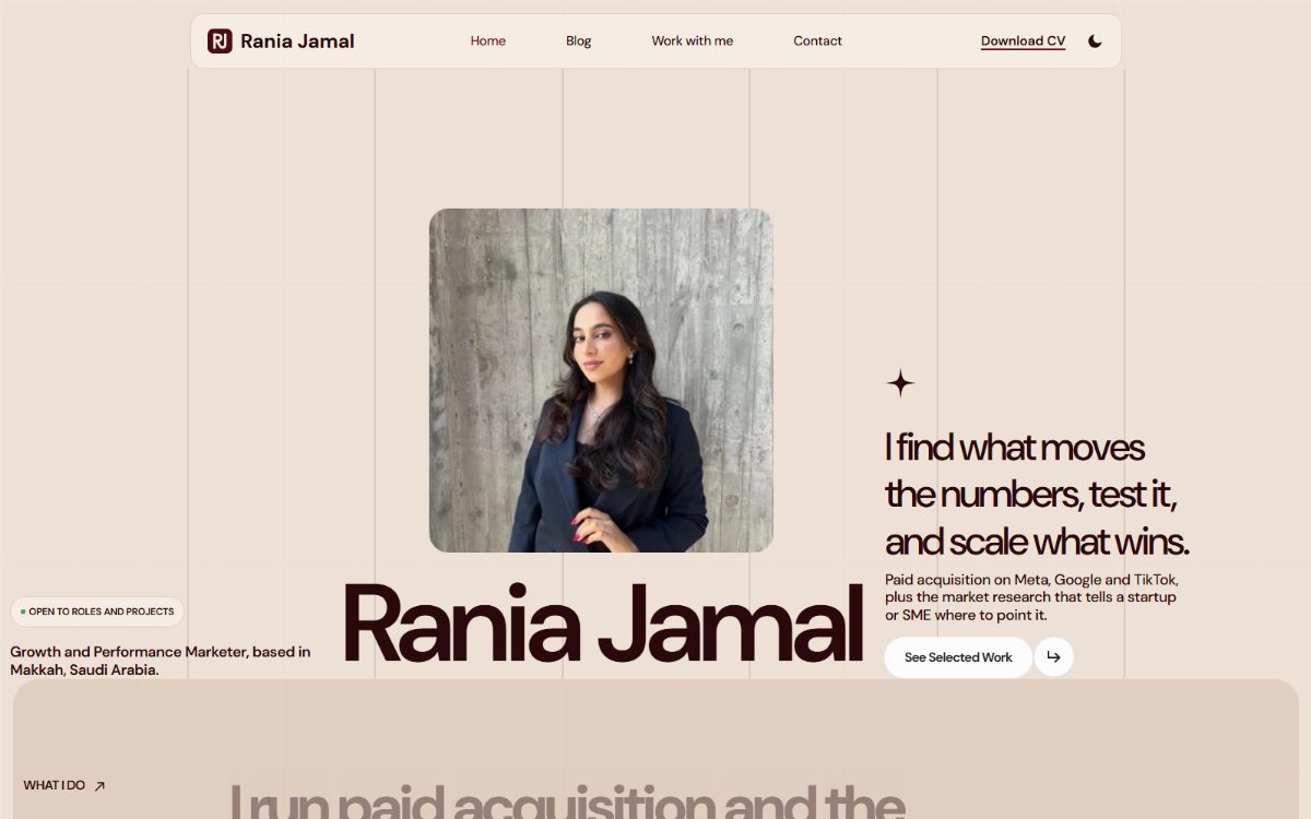 Rania Jamal: portfolio website and AEO, GEO and SEO for a Saudi growth marketer